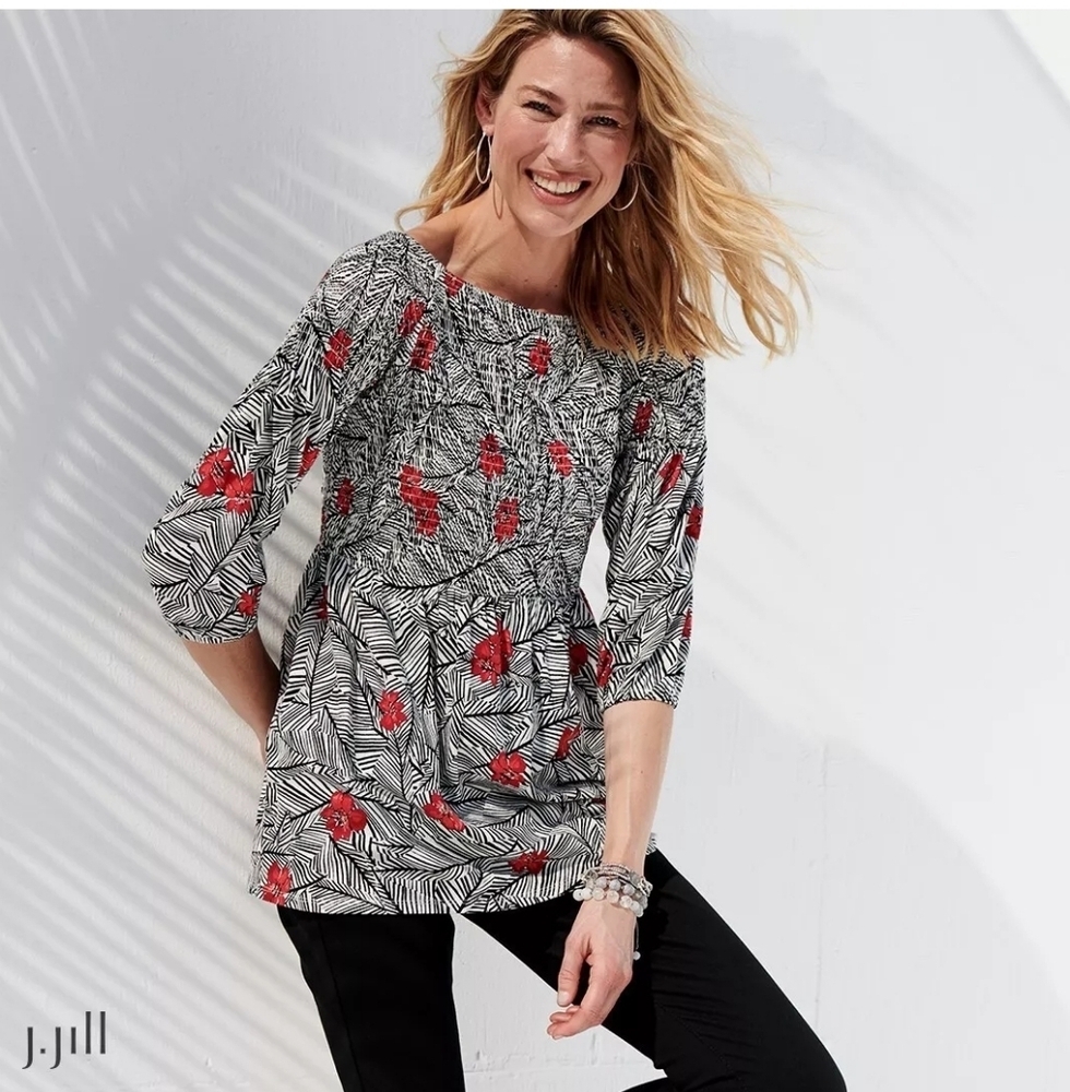 J.Jill Smocked Black White Red Floral Peasant Top Size Large Tall